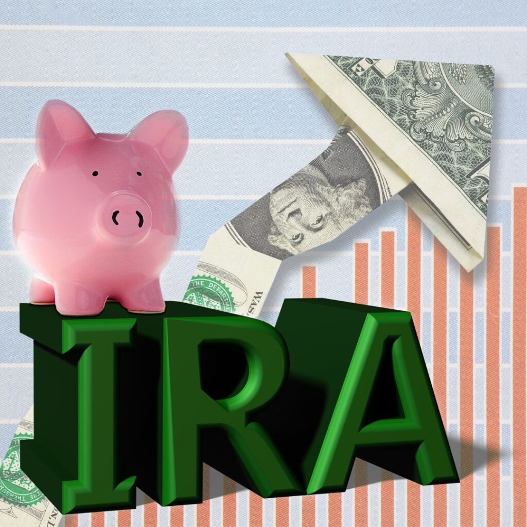 piggy bank on 3d IRA letters, $1 bill origami in background