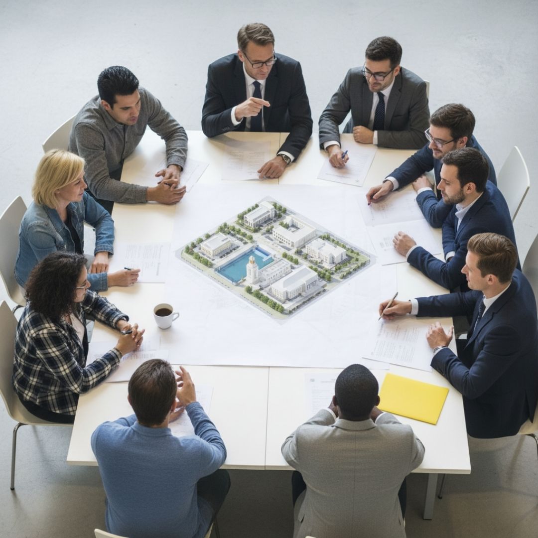 A diverse group of professionals are seated around a conference table, discussing urban development plans laid out in the center.