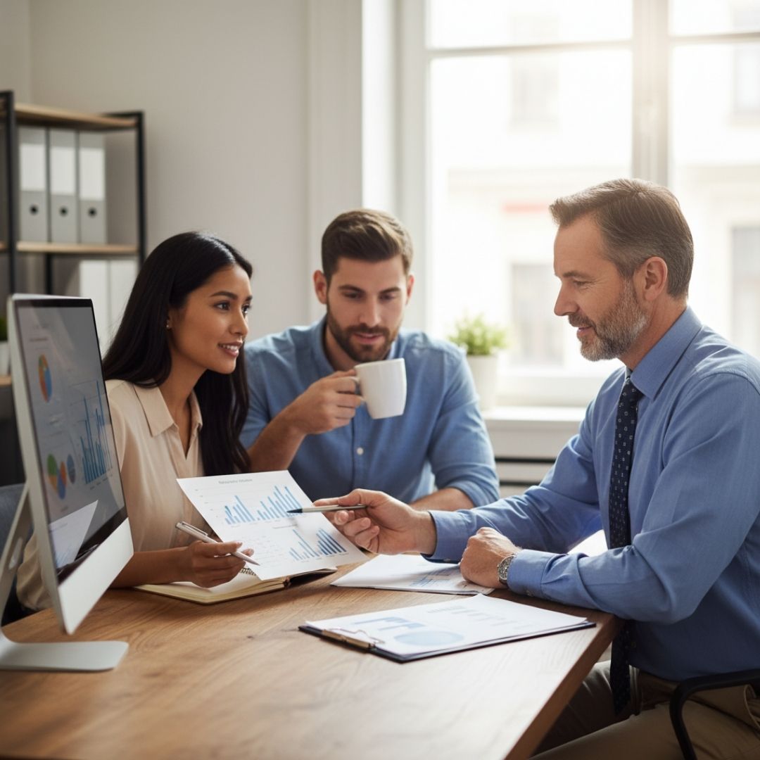 A financial advisor gestures towards a chart, explaining loan options to a smiling couple in an office setting.