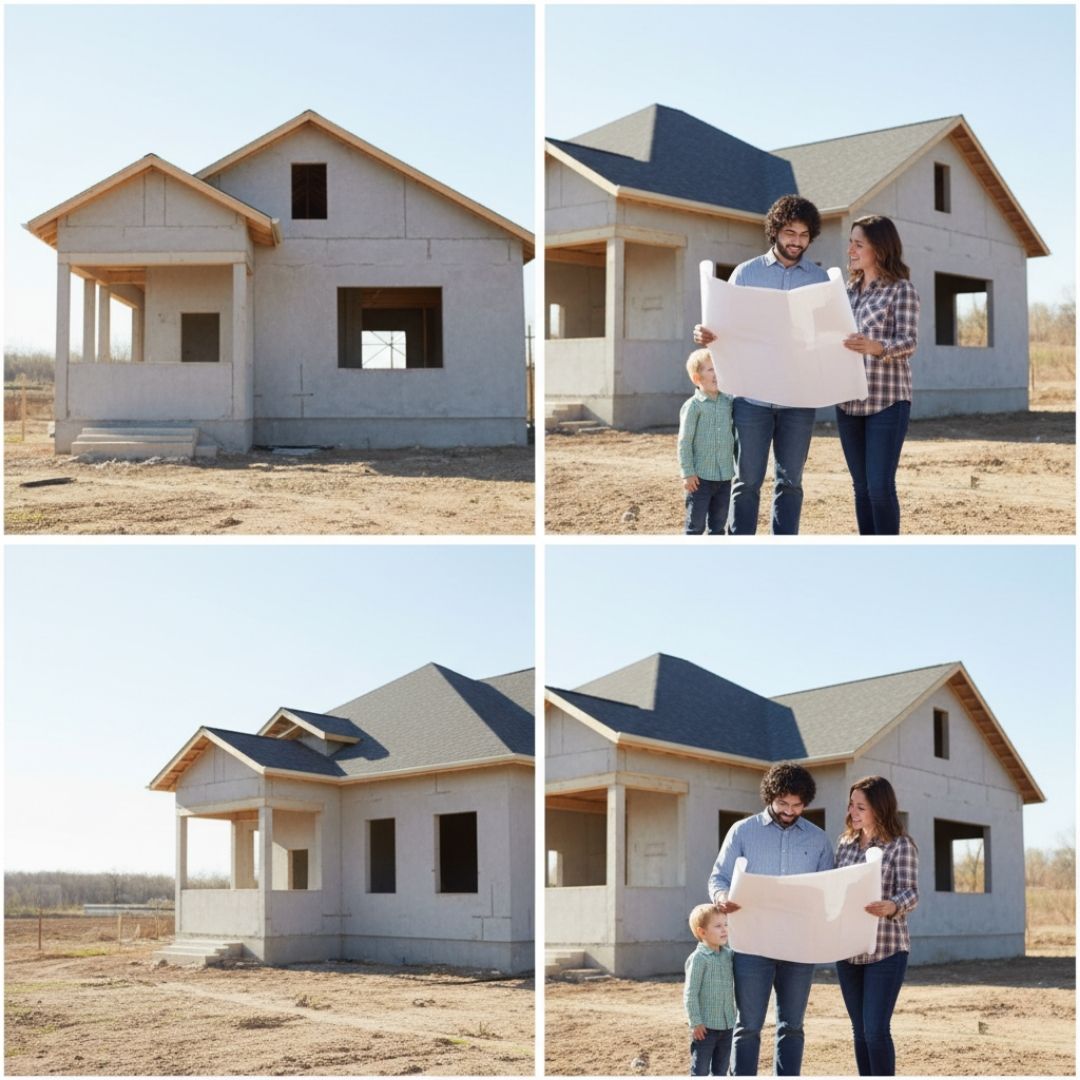 A family, including two adults and a young child, stand in front of a house under construction, reviewing blueprints.