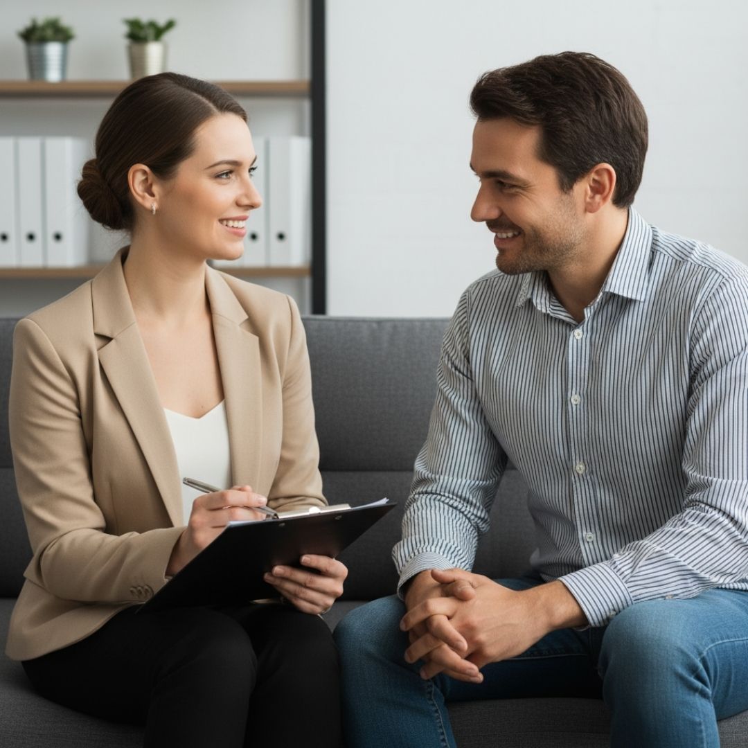 Property manager discussing lease terms with a happy tenant
