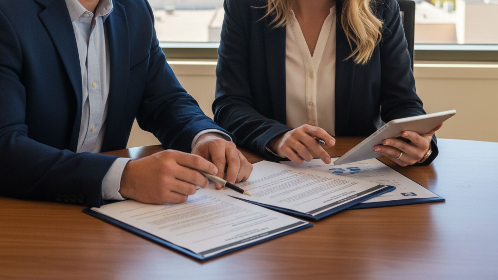 A man and woman in business attire review documents and a tablet in an office with a city view.
