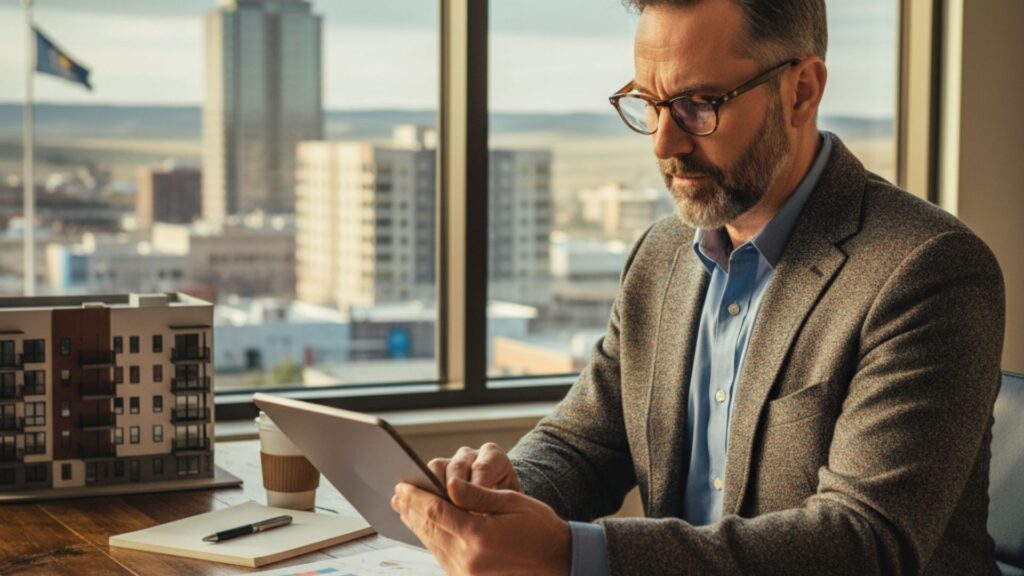 A professional man in glasses intently examines data on a tablet, with a city skyline visible through a large window behind him.