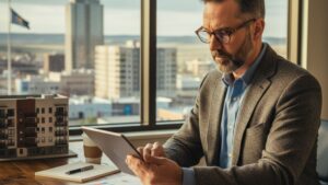 A professional man in glasses intently examines data on a tablet, with a city skyline visible through a large window behind him.