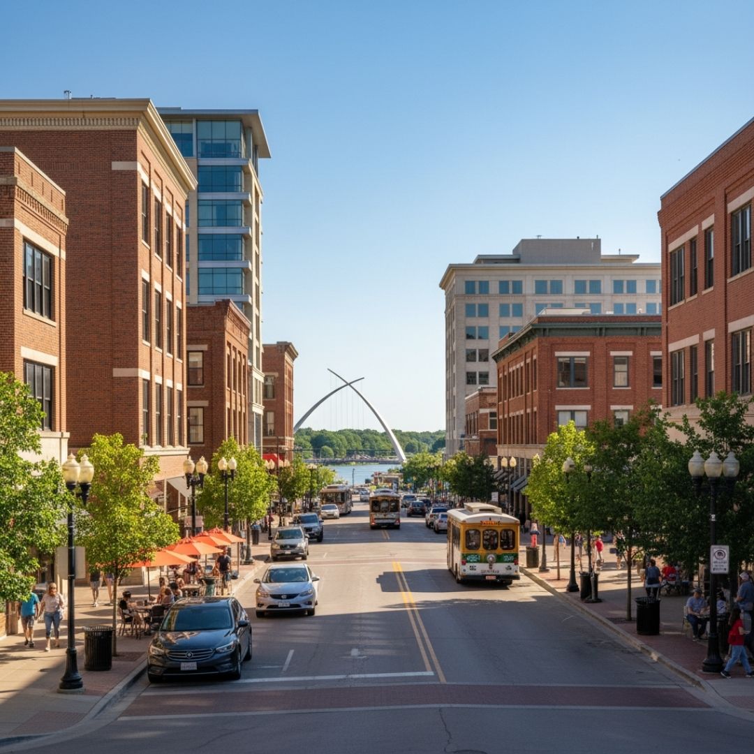 A busy street scene in a modern city features brick buildings, cars, trolleys, and pedestrians under a clear sky, with a distinctive bridge in the background.