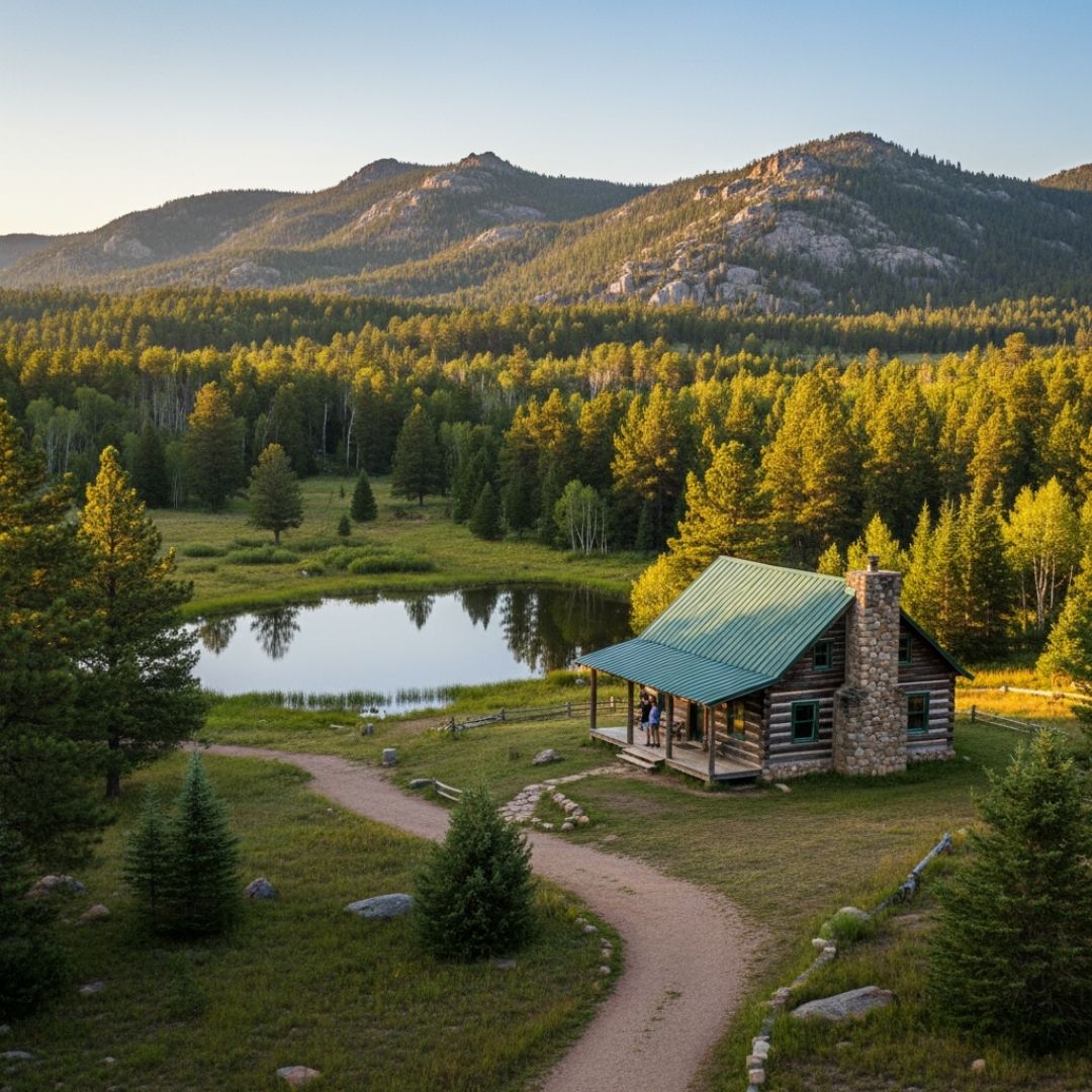 A picturesque log cabin with a green roof sits beside a tranquil pond, surrounded by a dense pine forest and rugged mountains under a soft evening light.