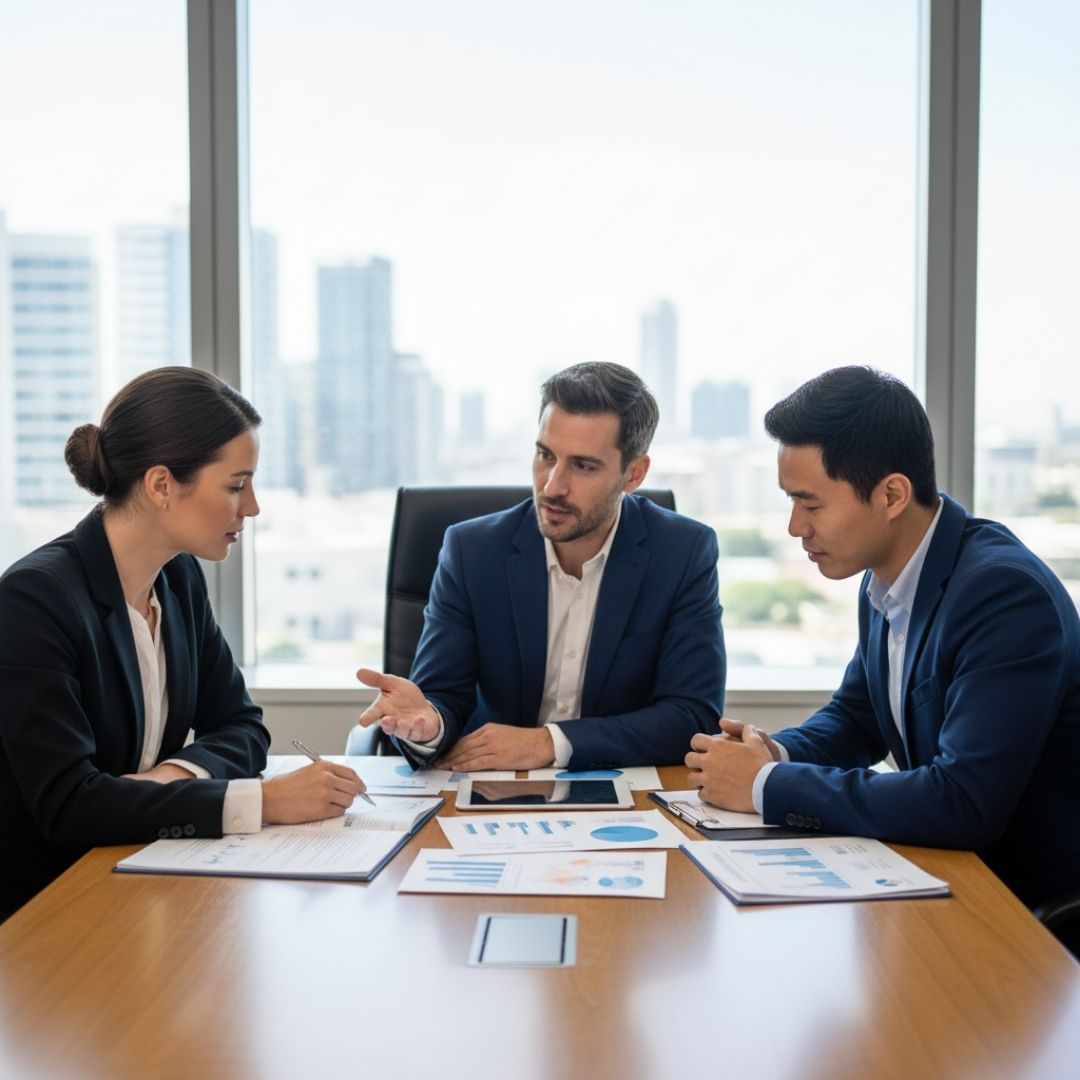 Three professionals in business attire are engaged in a discussion around a table with financial documents and a city skyline visible in the background.