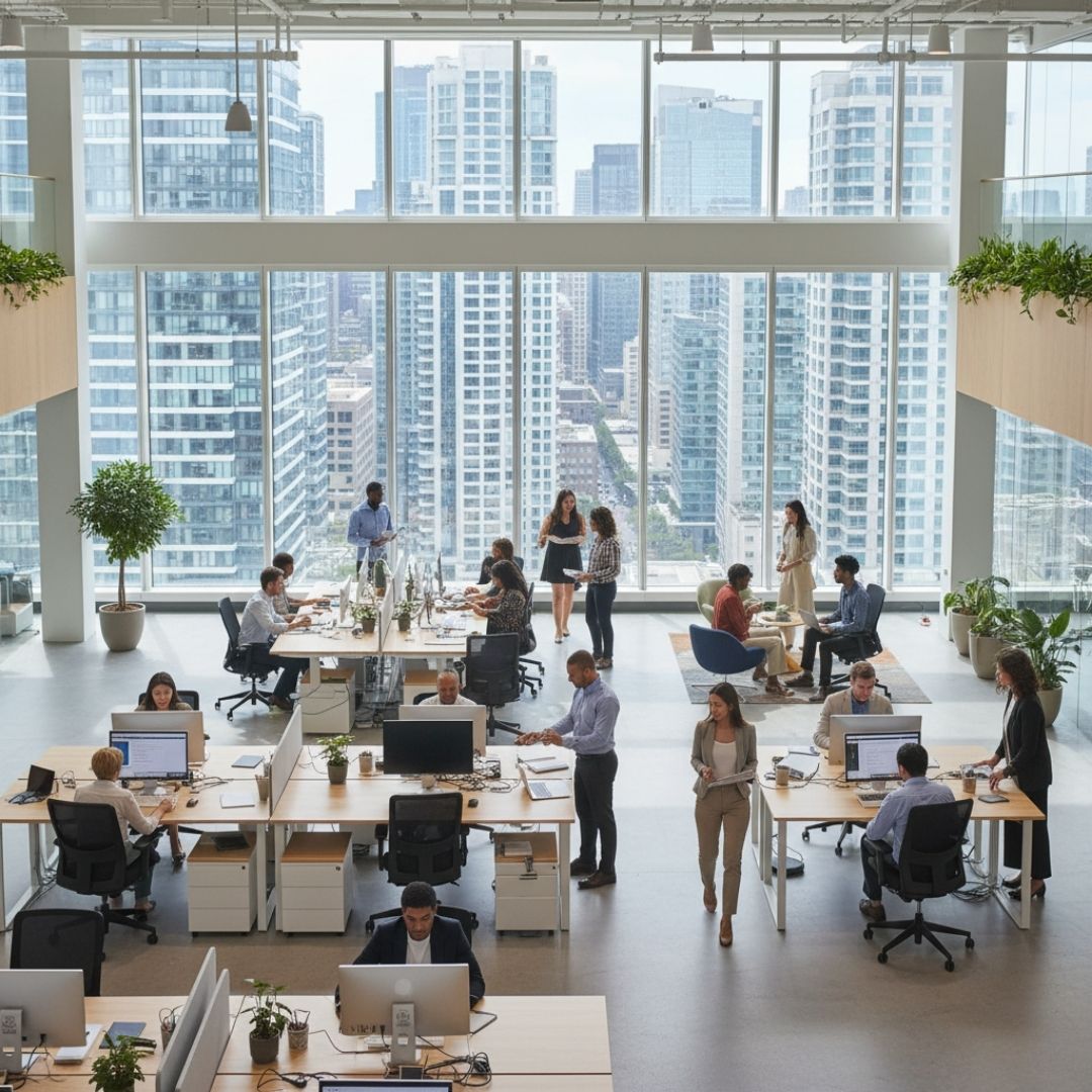 A vibrant, modern open-plan office features numerous employees working at desks, collaborating, and moving through the space, with large windows overlooking a city skyline.