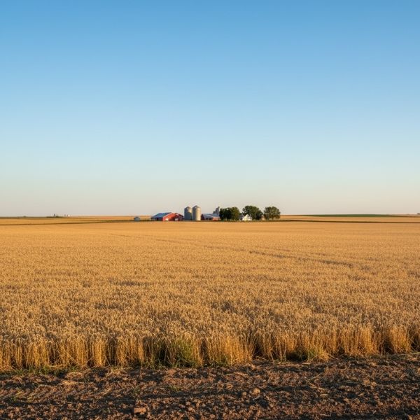 Crops growing in a field with farm buildings in the background