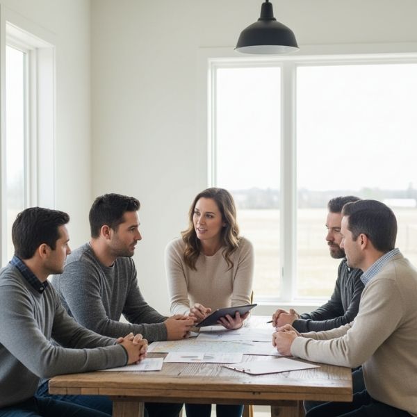 Diverse group of people in a casual meeting setting, looking at papers
