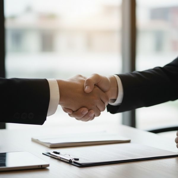 Handshake between two people over a table with documents