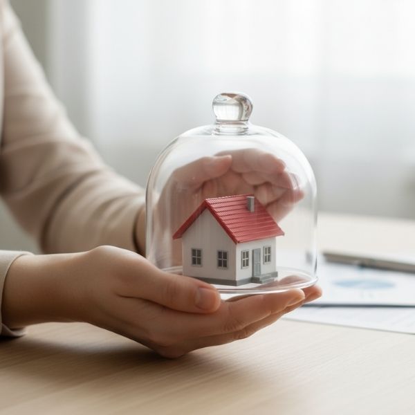 A person's hands gently hold a miniature house model encased within a clear glass dome on a light wooden desk, suggesting protection.