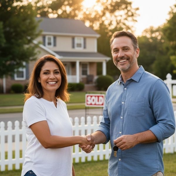 A group of professionals discusses financial documents with a view of a city landscape, while a person signs papers and a house sits in a field below.