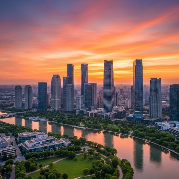 A panoramic view of a modern cityscape at sunset, featuring tall buildings, a winding river, and lush green parks under a dramatic orange sky.