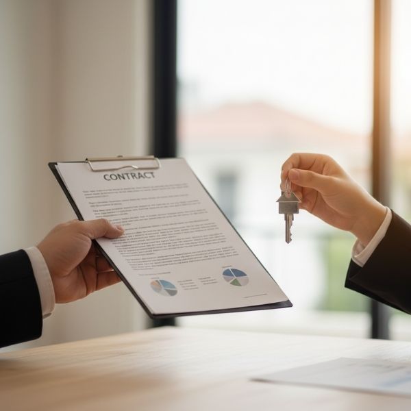 Hands are exchanging a house key while another person holds a financial contract on a clipboard.