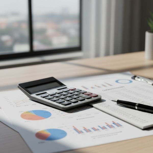 A calculator, a pen, and various financial charts are neatly arranged on a wooden desk bathed in natural light.