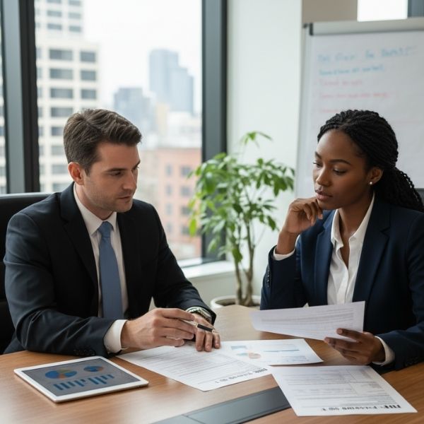 Two business professionals are intently discussing documents and tax forms at a conference table in a modern office with large windows.