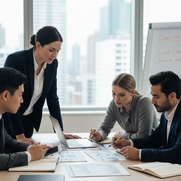 A diverse group of professionals is collaborating around a table, reviewing financial charts and using laptops in a bright, modern office.