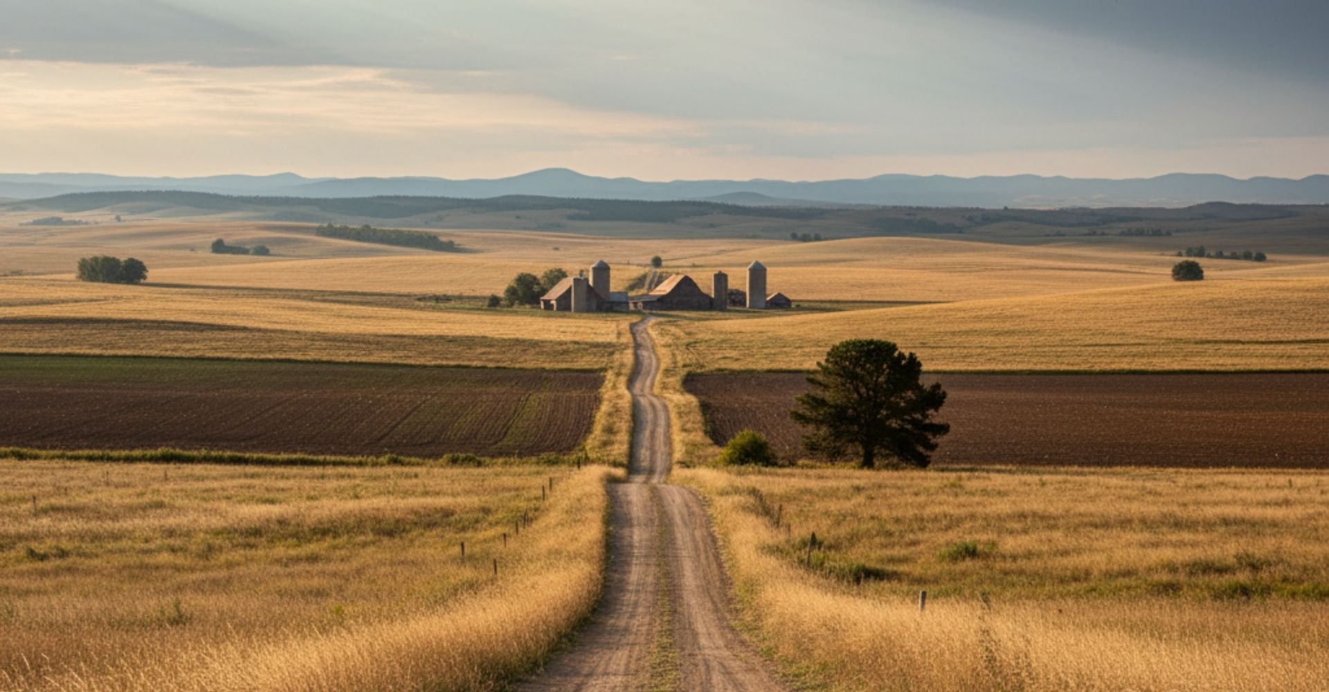Rural landscape with a dirt road stretching into the distance