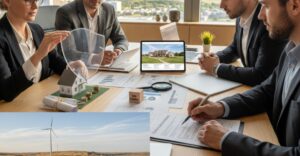 Professional diverse group reviewing financial documents in modern office