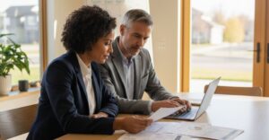 Two professionals are reviewing documents and a laptop at a modern conference table with natural light.