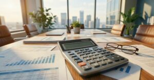 Calculator on financial documents representing the analysis of DSCR and property cash flow.