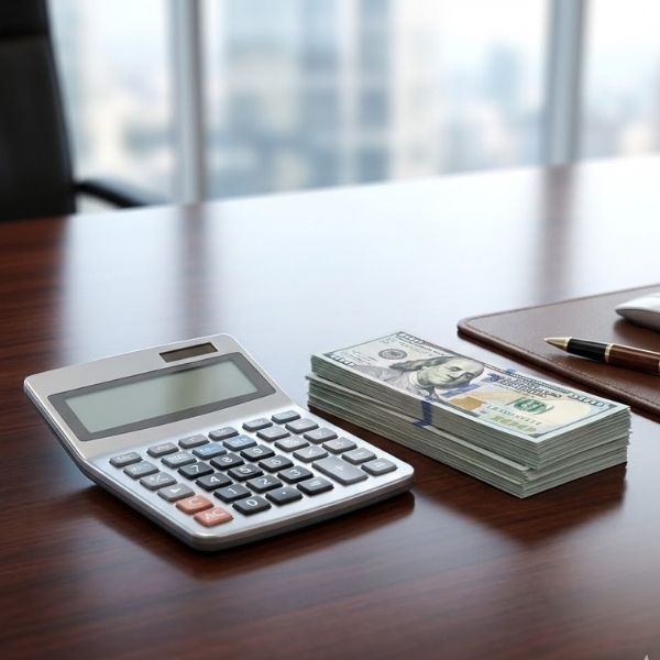 Calculator and cash representing the capital required for a down payment.