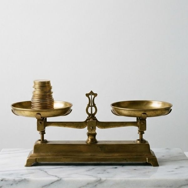 Balanced scale with gold coins symbolizing the retained earnings from tax-free leverage.
