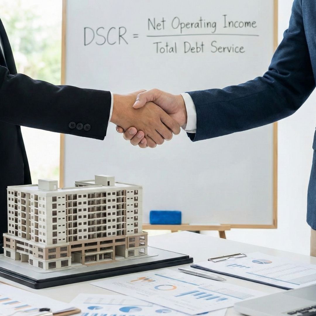Two businesspeople shake hands in front of a model building and financial documents, with the DSCR formula on a whiteboard.