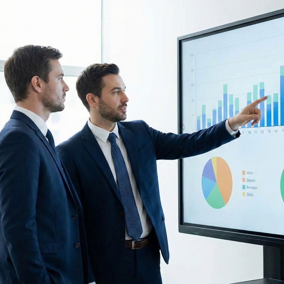 Two businessmen in an office, one pointing to financial charts on a large digital screen.