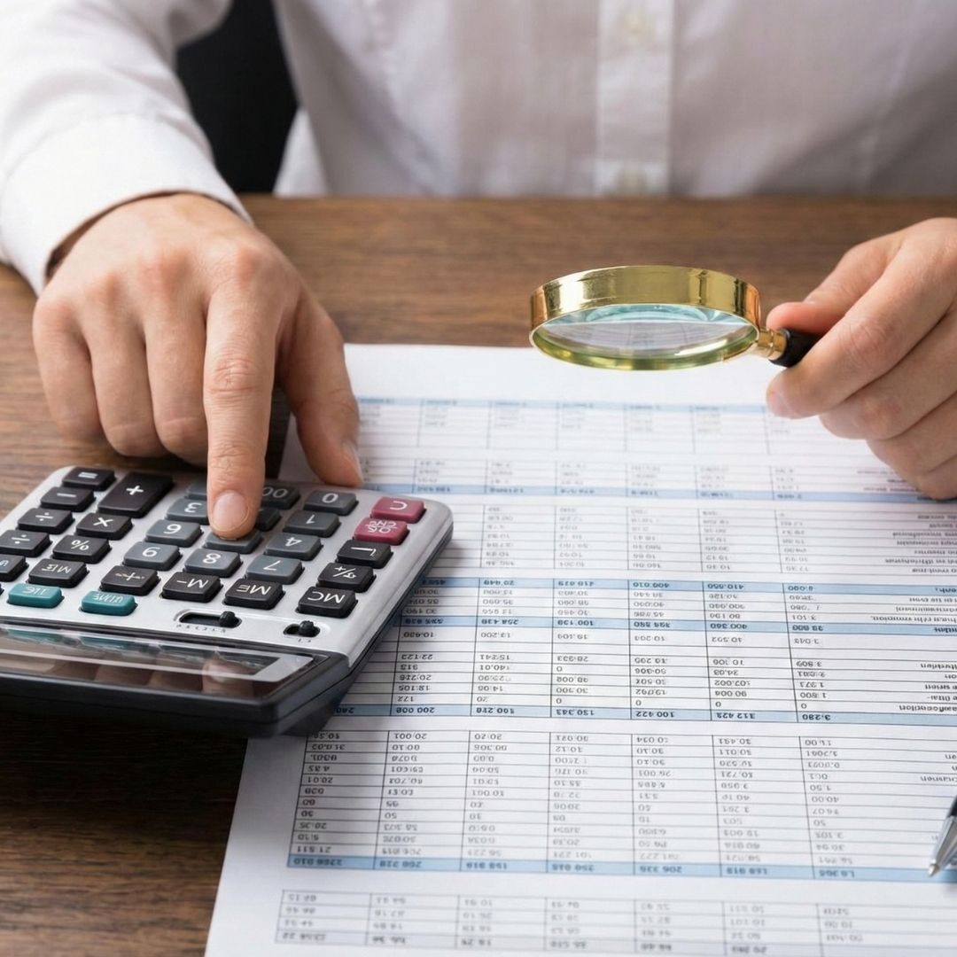 Close-up of hands using a magnifying glass and calculator to analyze financial spreadsheets on a desk.