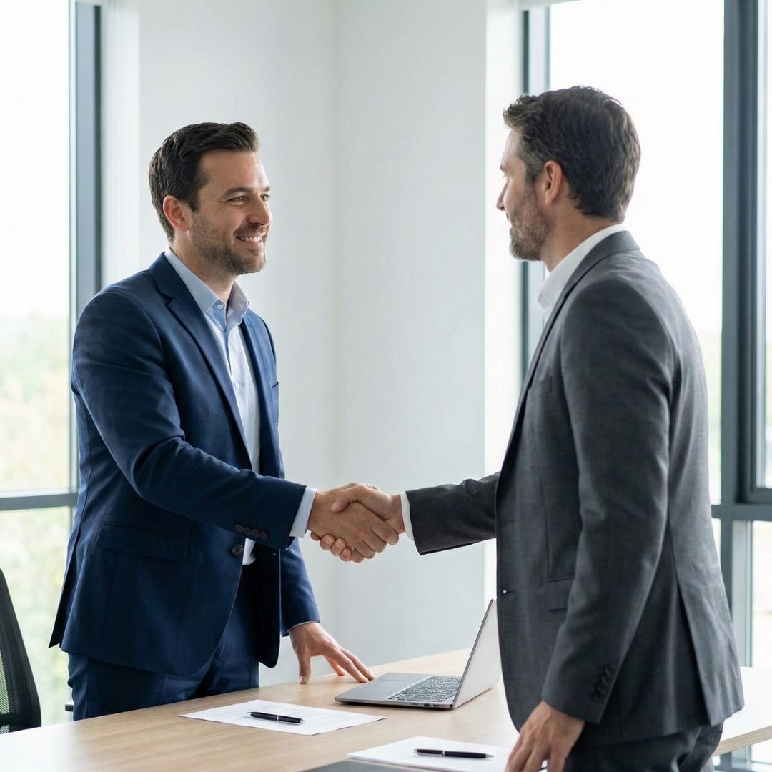 Two men in business suits shake hands over a desk in a modern office.