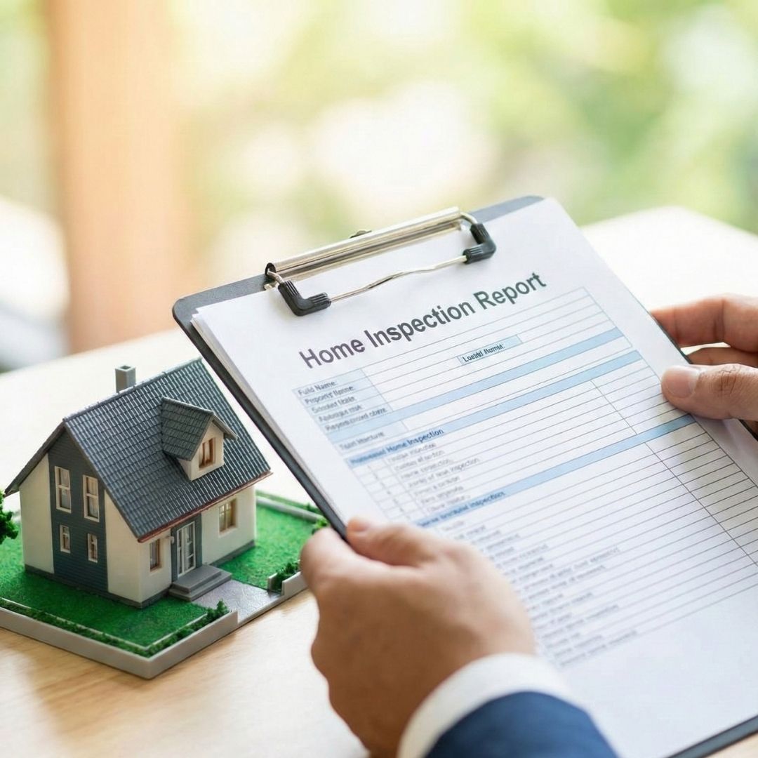 A close-up of a person holding a home inspection report next to a model house.