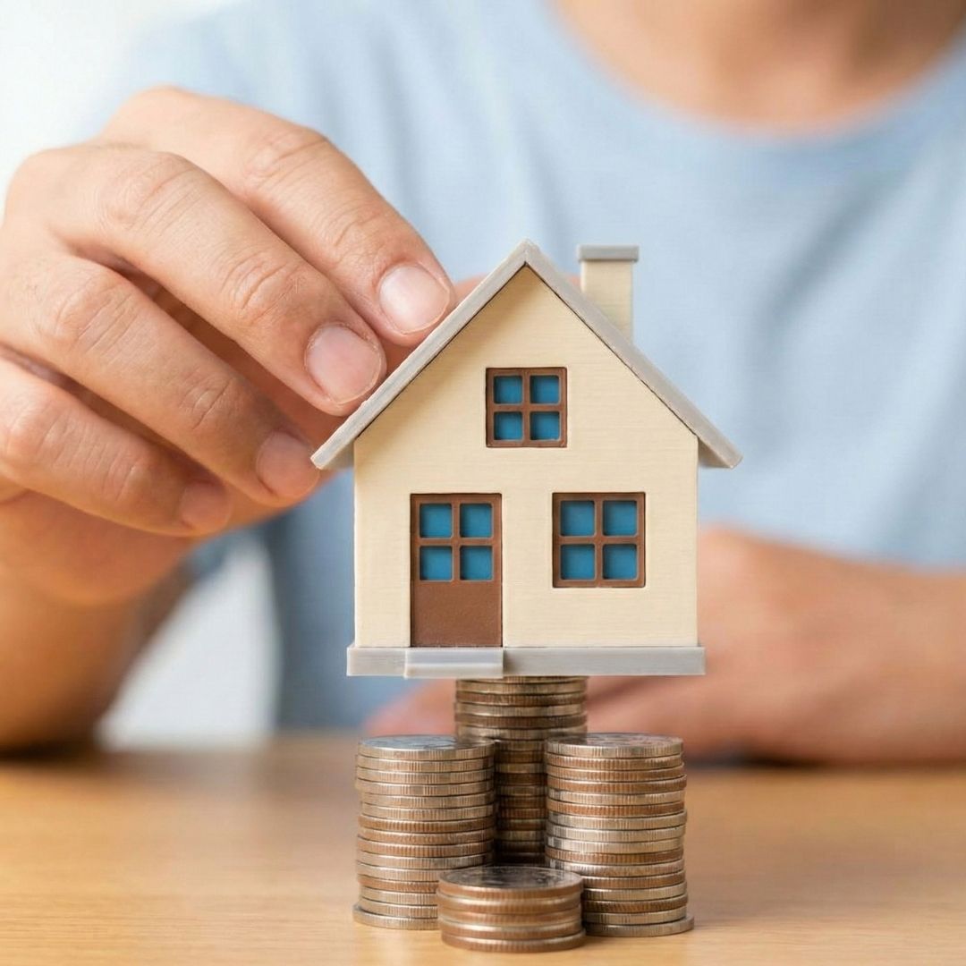 A hand places a small model house on top of a stack of coins.