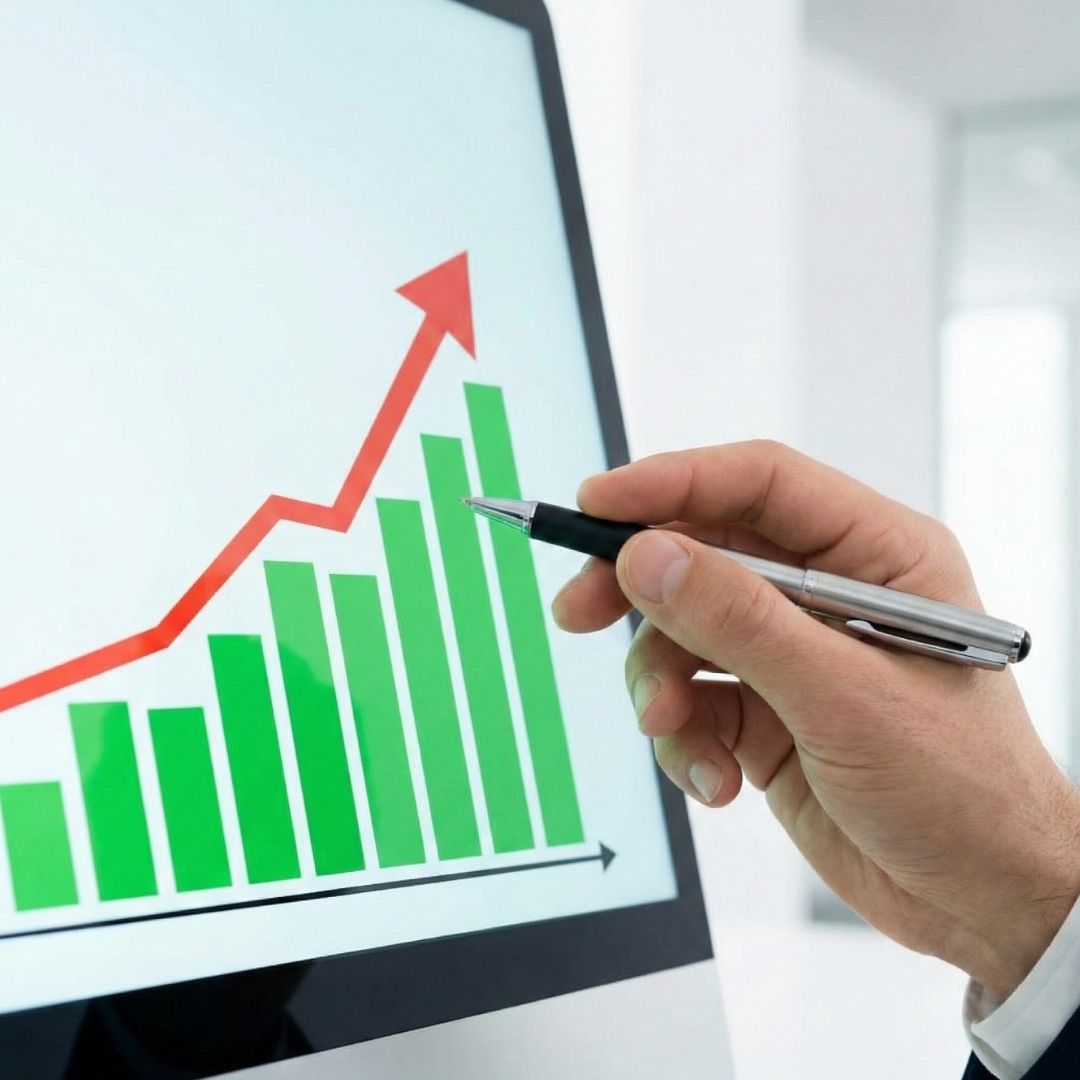 A hand with a pen points to an upward-trending green bar graph with a red arrow on a computer screen