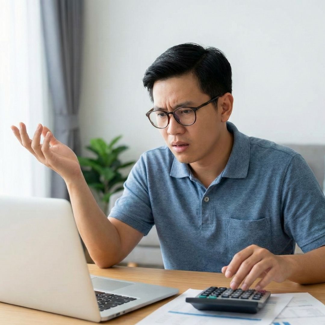 A man looks confused while working on a laptop with a calculator and financial papers.