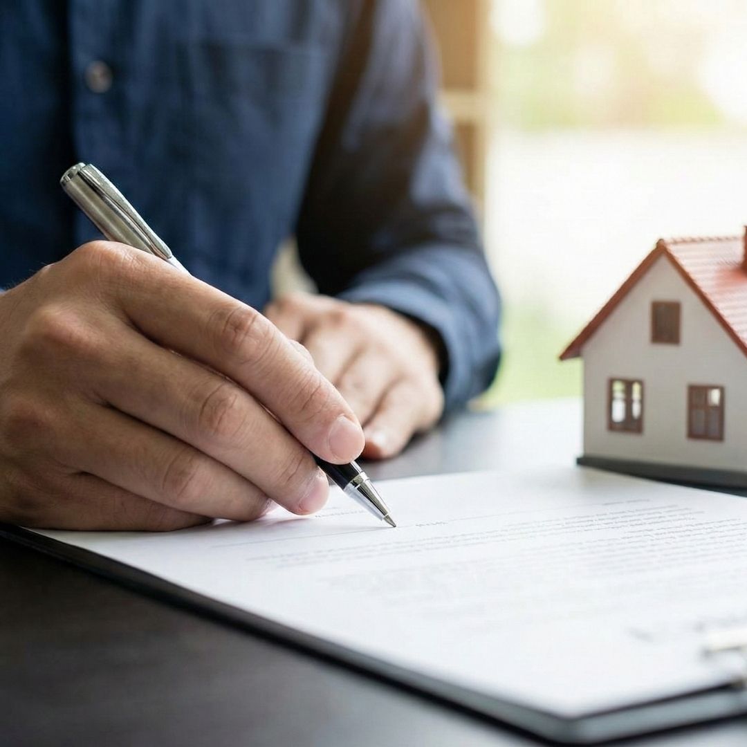 A close-up of a hand signing a contract next to a small model house.