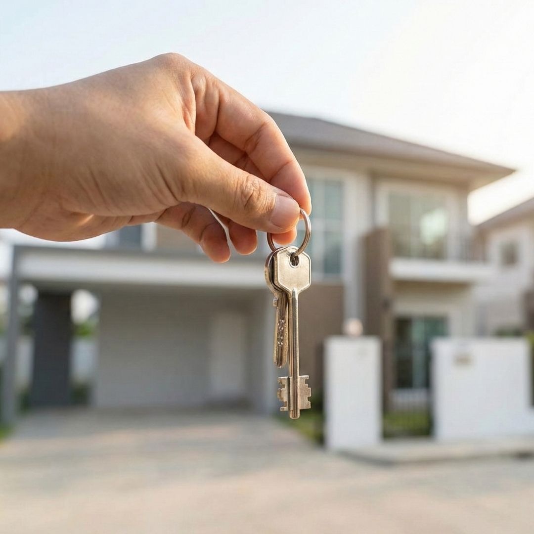 A hand holds up a set of house keys in front of a new residential property.