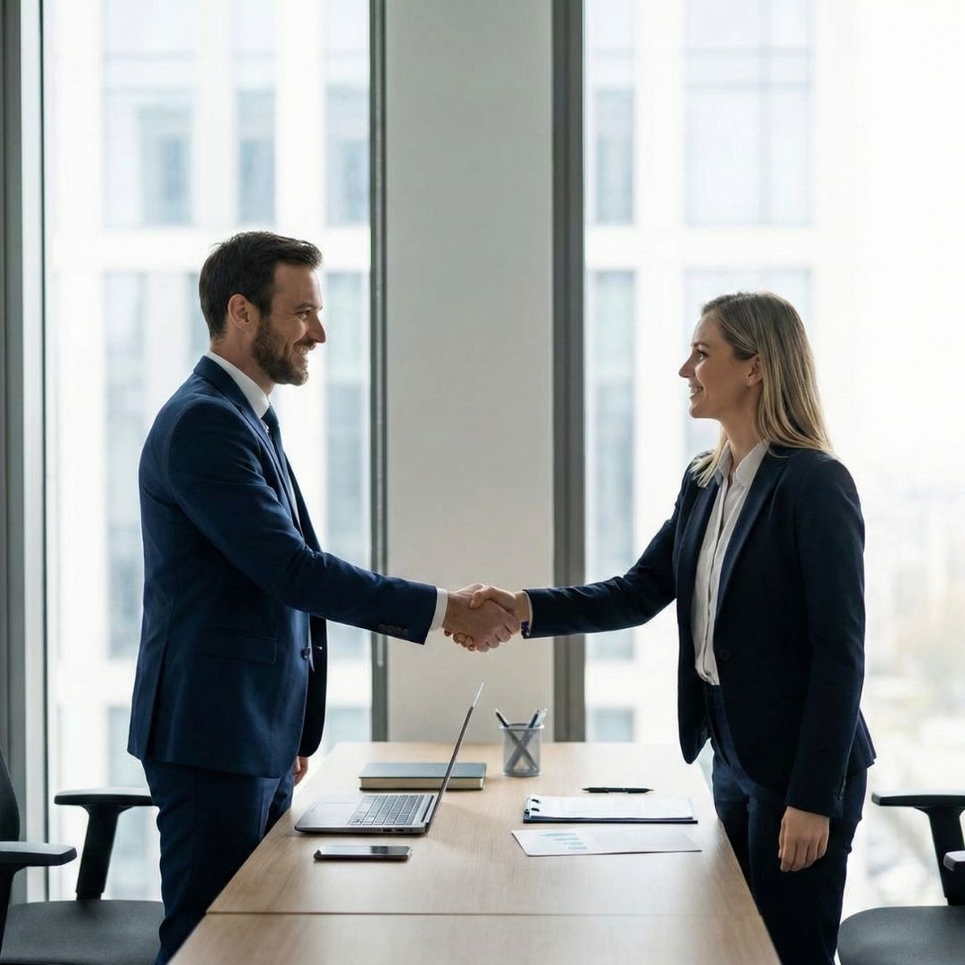 Two business professionals shake hands in agreement in a modern office