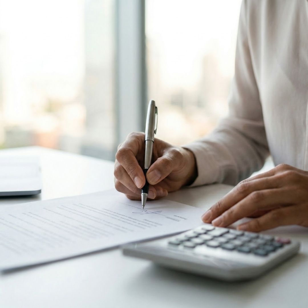 A close-up view of a person's hand signing a paper document with a silver pen, sitting next to a desktop calculator on a white desk.