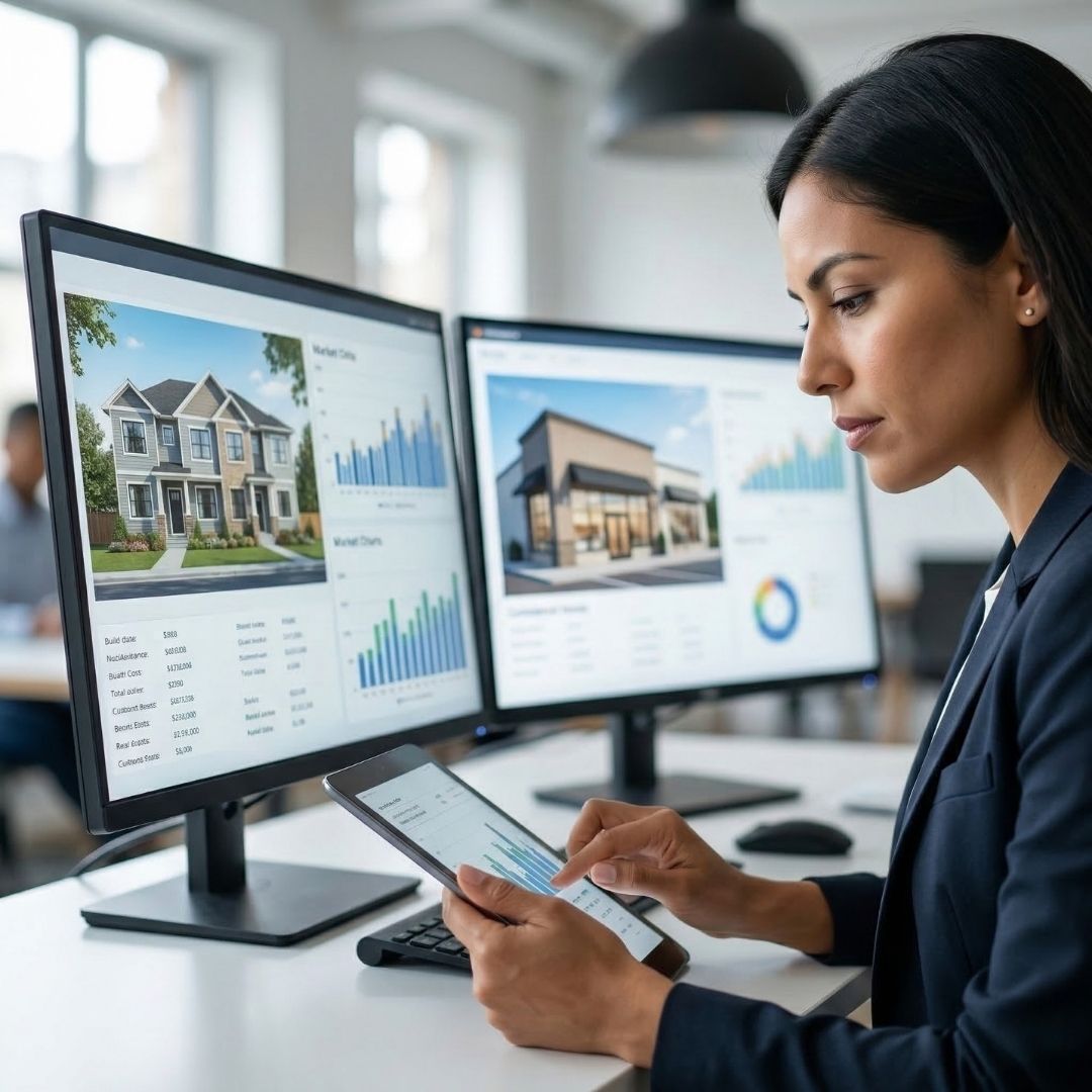 A business professional in a suit looking at dual monitors displaying real estate property images and financial data charts while also interacting with a handheld tablet.