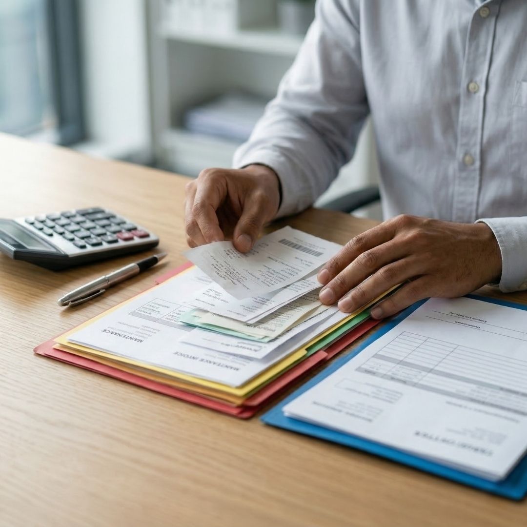 A person sitting at a wooden desk reviewing a stack of physical receipts and paper documents inside a folder, with a calculator nearby.