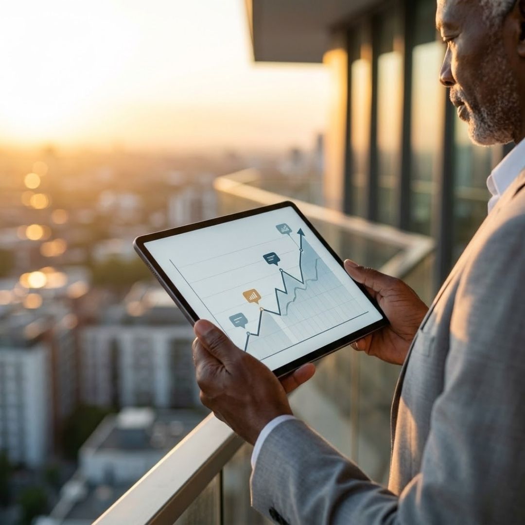 An older businessman in a suit standing on a balcony at sunset and holding a tablet that displays a financial line graph with data points.