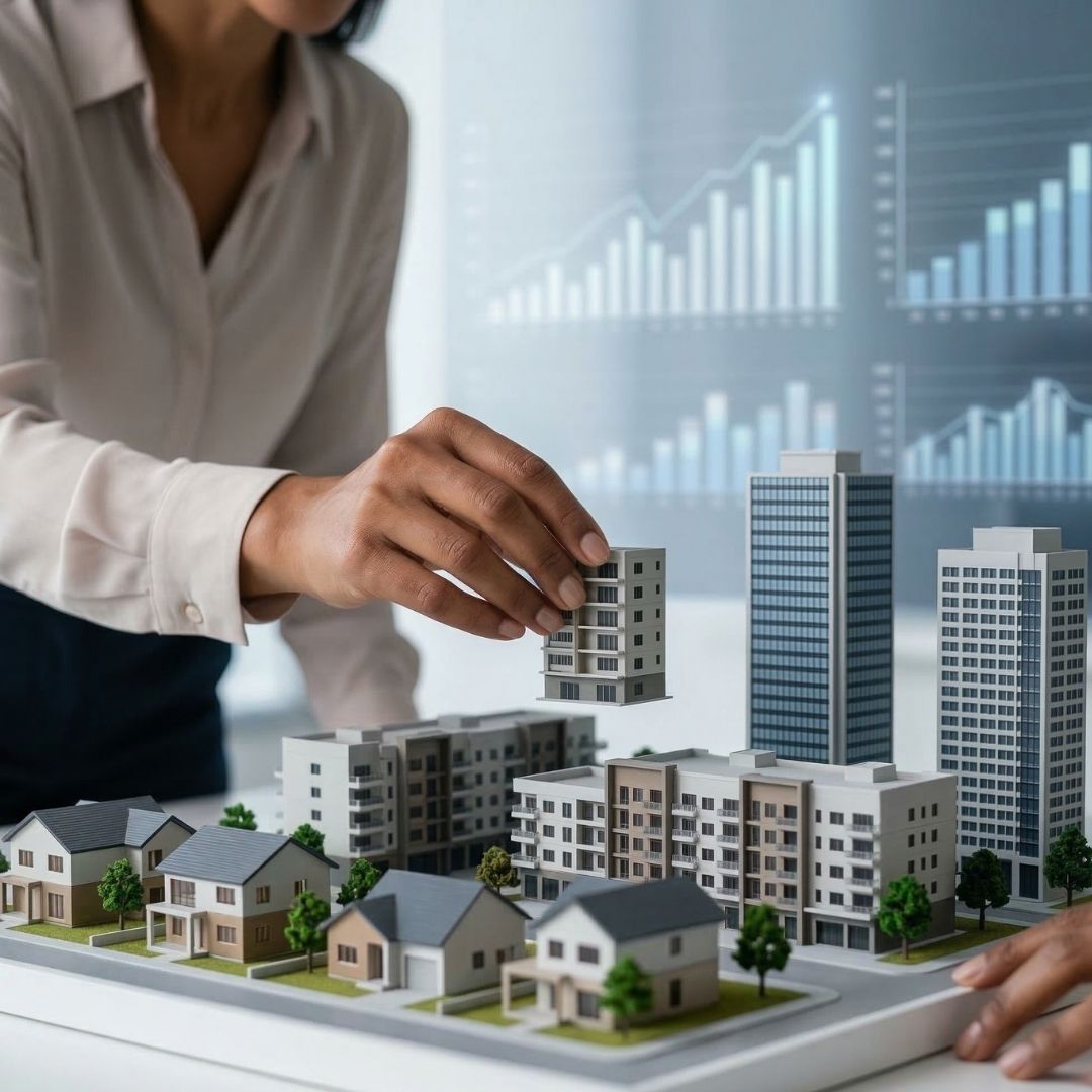 A hand carefully places a miniature building on a detailed architectural model of a city, while large financial graphs are displayed in the blured background.