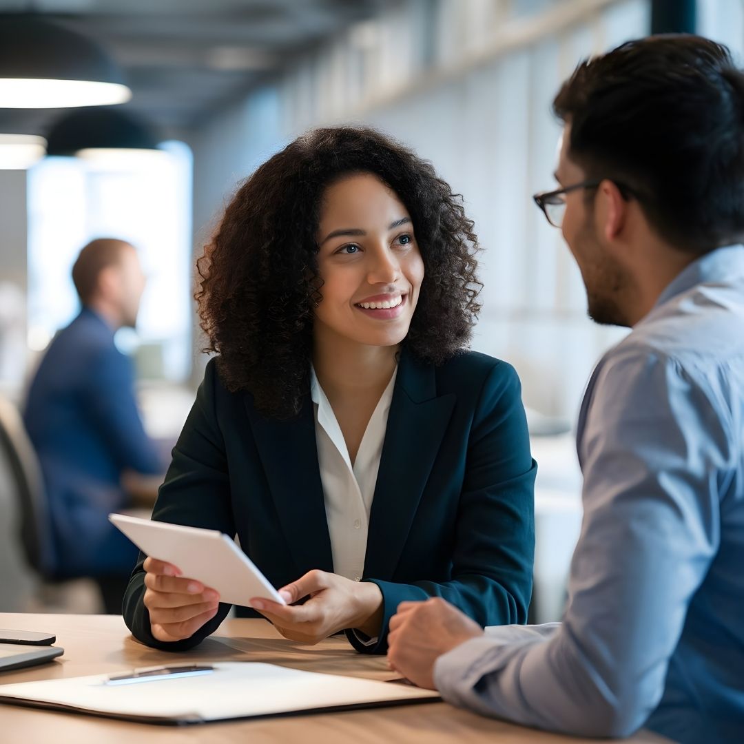 Two young, smiling business professionals, a woman and a man, are seated at a desk in an office, discussing information on a white tablet they are holding.