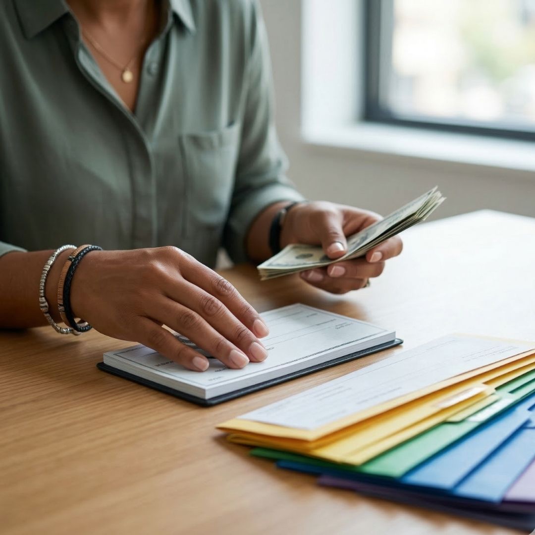 A person with bracelets sits at a desk, counting US dollar bills, with blank checkbooks and colorful file folders in front of them.