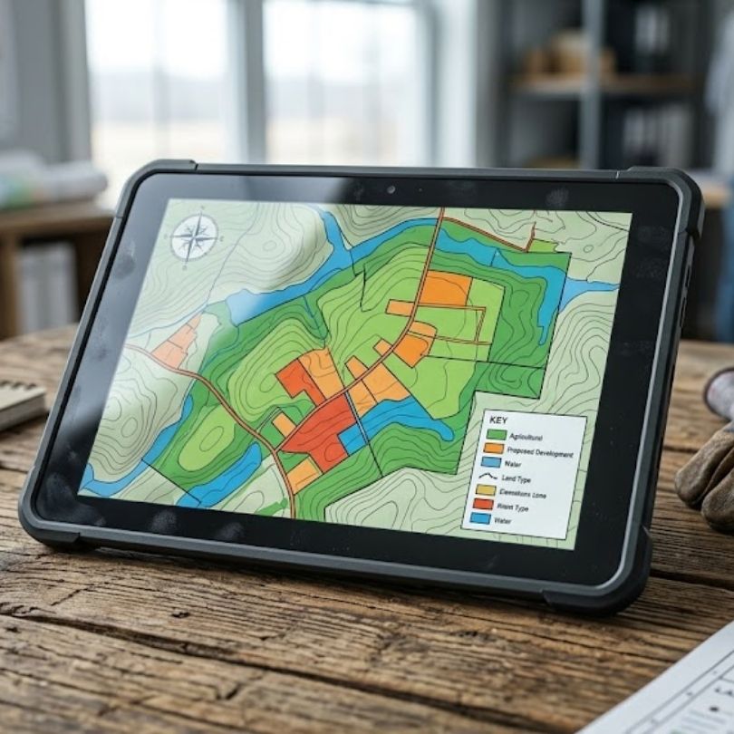 Tablet with land survey map representing strategic agricultural investment services.