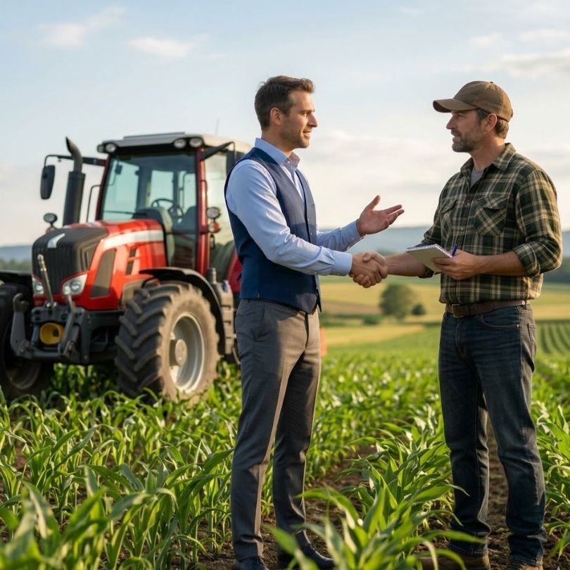A banker and a farmer talking in a field representing flexible portfolio lending and partnership.