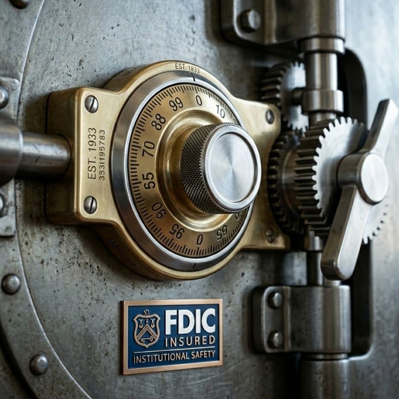 Close-up of a secure bank vault door symbolizing FDIC insurance and institutional safety.