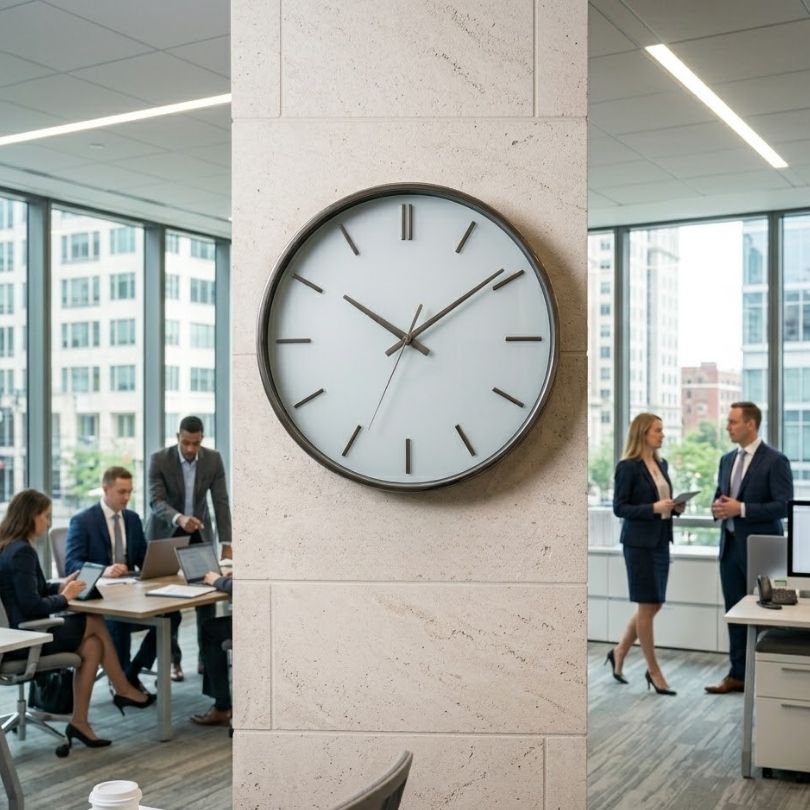 A sleek clock in a modern office symbolizing fast loan processing and efficient service.